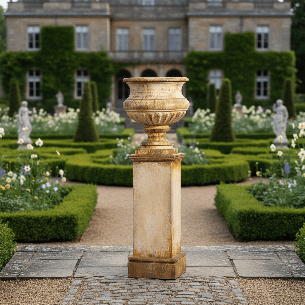 Antique-Style Iron Garden Urn with Tall Pedestal