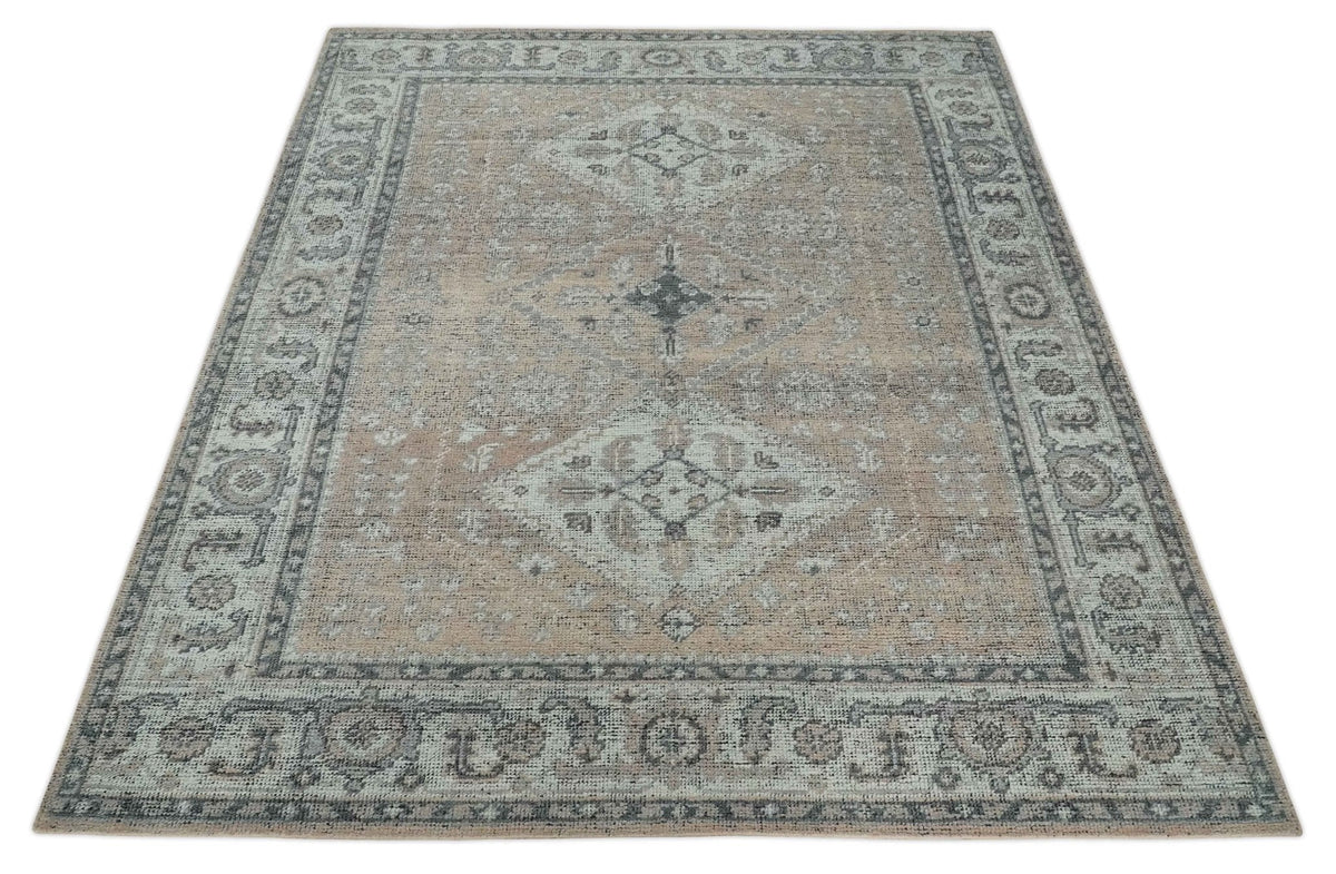 Antique Style Peach, Ivory and Charcoal 8x10 Hand knotted Traditional wool Area Rug