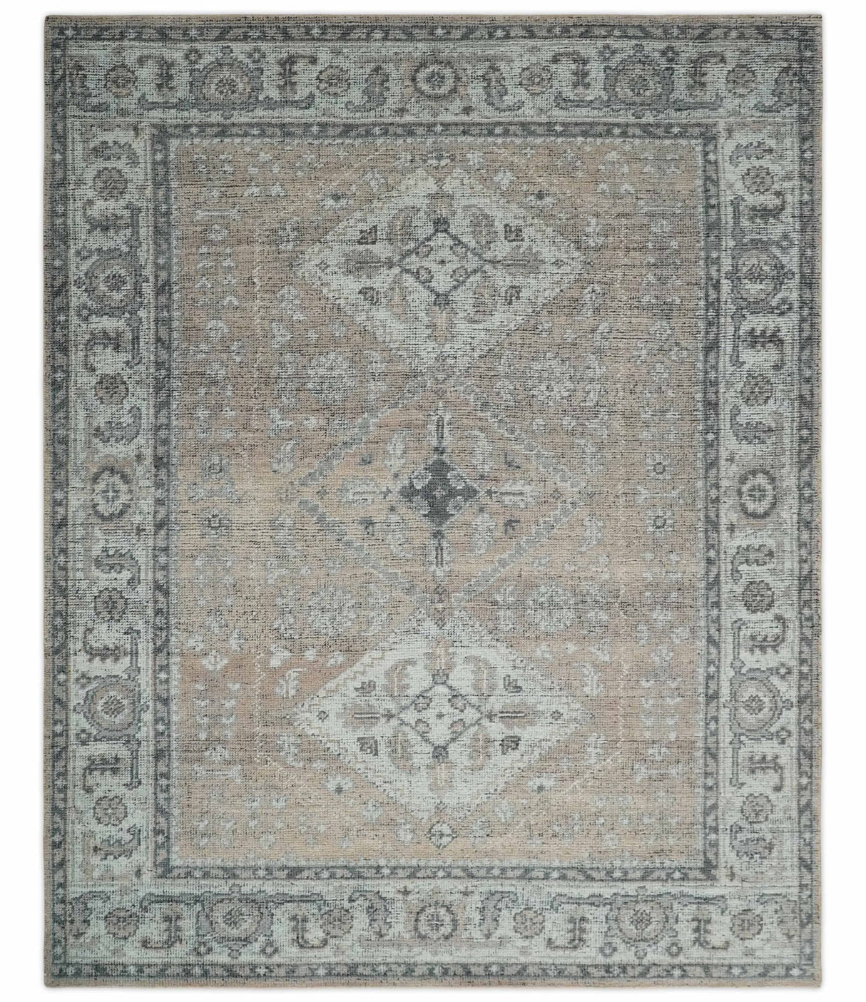 Antique Style Peach, Ivory and Charcoal 8x10 Hand knotted Traditional wool Area Rug
