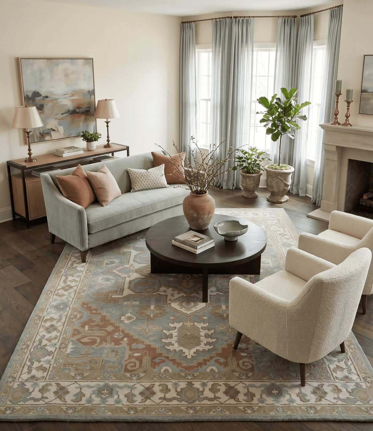 Antique Style Traditional Heriz Gray, Ivory, Peach and Olive Hand Knotted Multi Size wool Area Rug