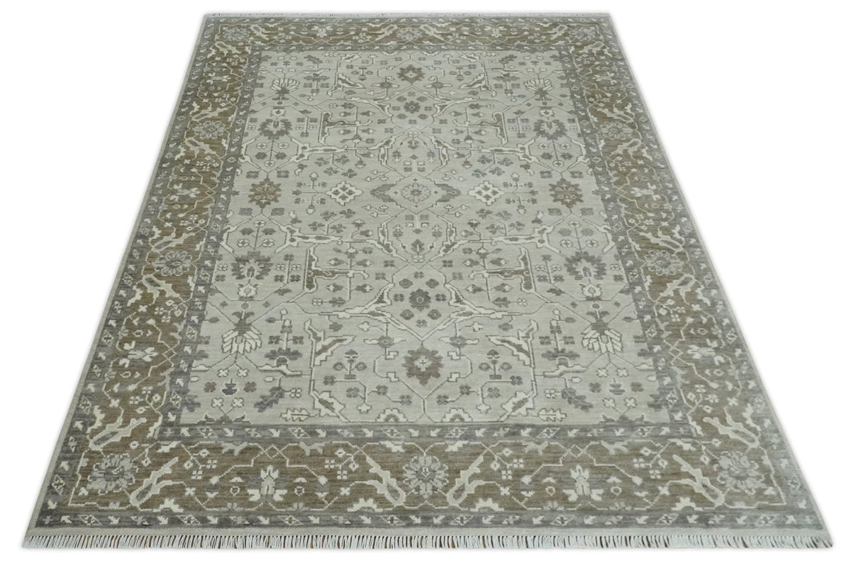Antique Style Traditional Silver and Olive Oriental Oushak 8x10 wool Area Rug