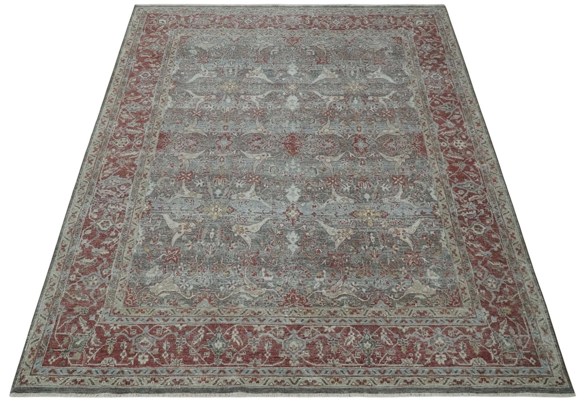Antique Style Vintage Finish Low Pile Hand Knotted Gray, Silver and Rust Traditional Oushak Wool Rug