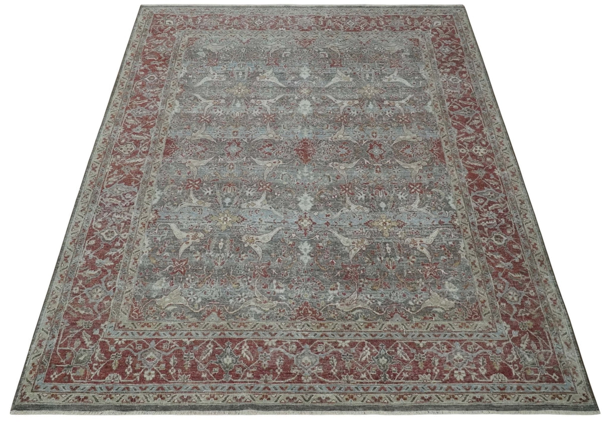 Antique Style Vintage Finish Low Pile Hand Knotted Gray, Silver and Rust Traditional Oushak Wool Rug | TRD2779