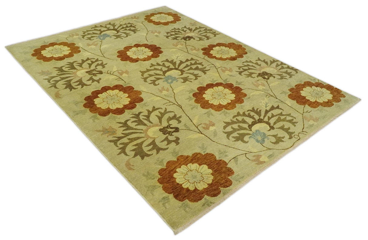 Antique Turkish Floral 8x10, 6x9, 4x6 and 2.6x10 Hand Knotted Beige, Olive and Rust Floral Persian Rug | AC5