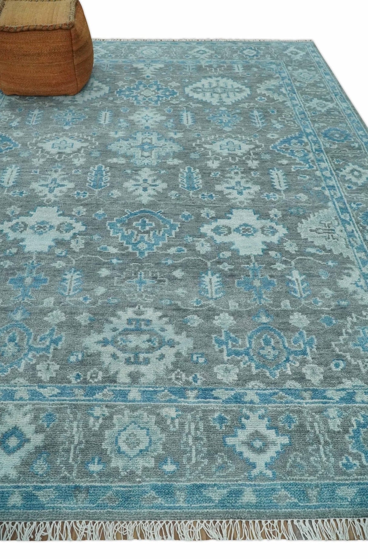 Antique Turkish Gray and Blue Hand Knotted 8x10 Wool Area Rug
