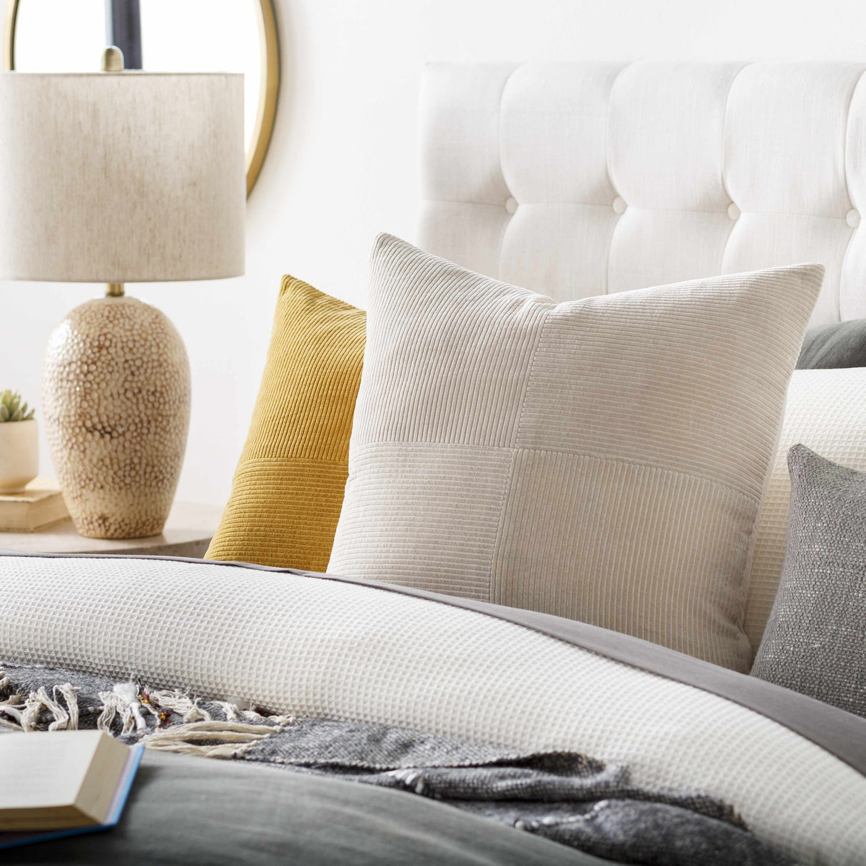 Aqil Beige Corduroy Patchwork Accent Pillow-Throw Pillows-Parc Decor