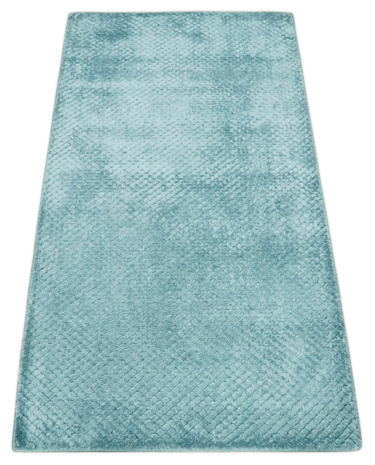 Aqua 2x4 Modern Geometrical Cross Square Hand Made Blue Art silk Area Rug | N4624-Area Rug-Parc Decor