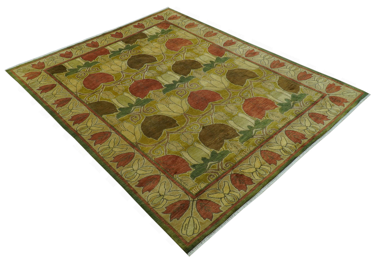 Art and Craft Design Olive Green And Brown Hand Knotted 8x10 Wool Area Rug-Area Rug-Parc Decor