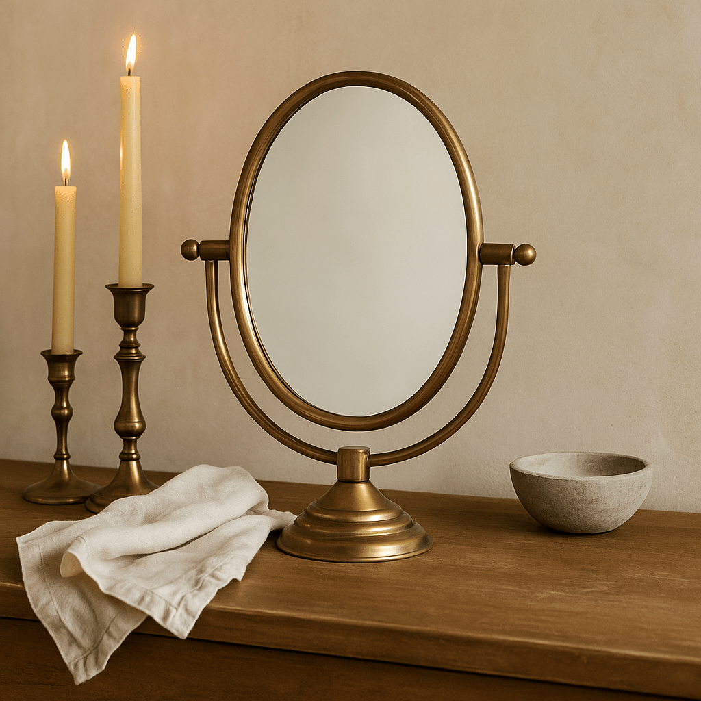 Austine Framed Mirror on Stand – Antique Brass Finish-Round and Oval Mirrors-Parc Decor