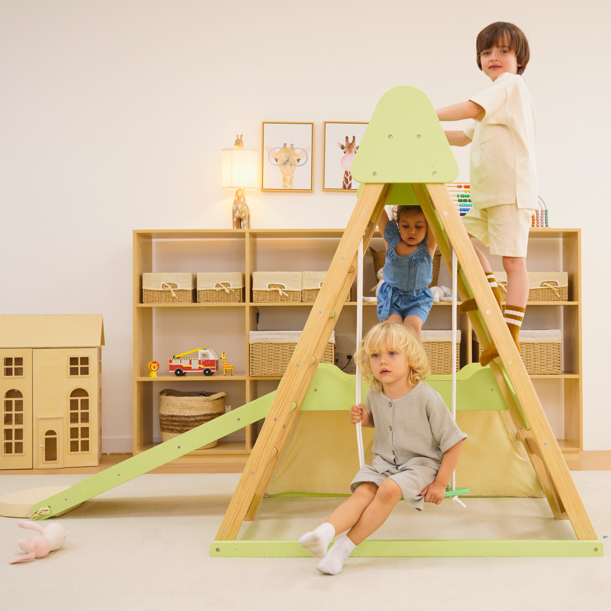 Avenlur Bush 6-in-1 Indoor Wooden Jungle Gym Climber – Montessori Toddler Playset with Slide, Rock Wall, Ladder & More