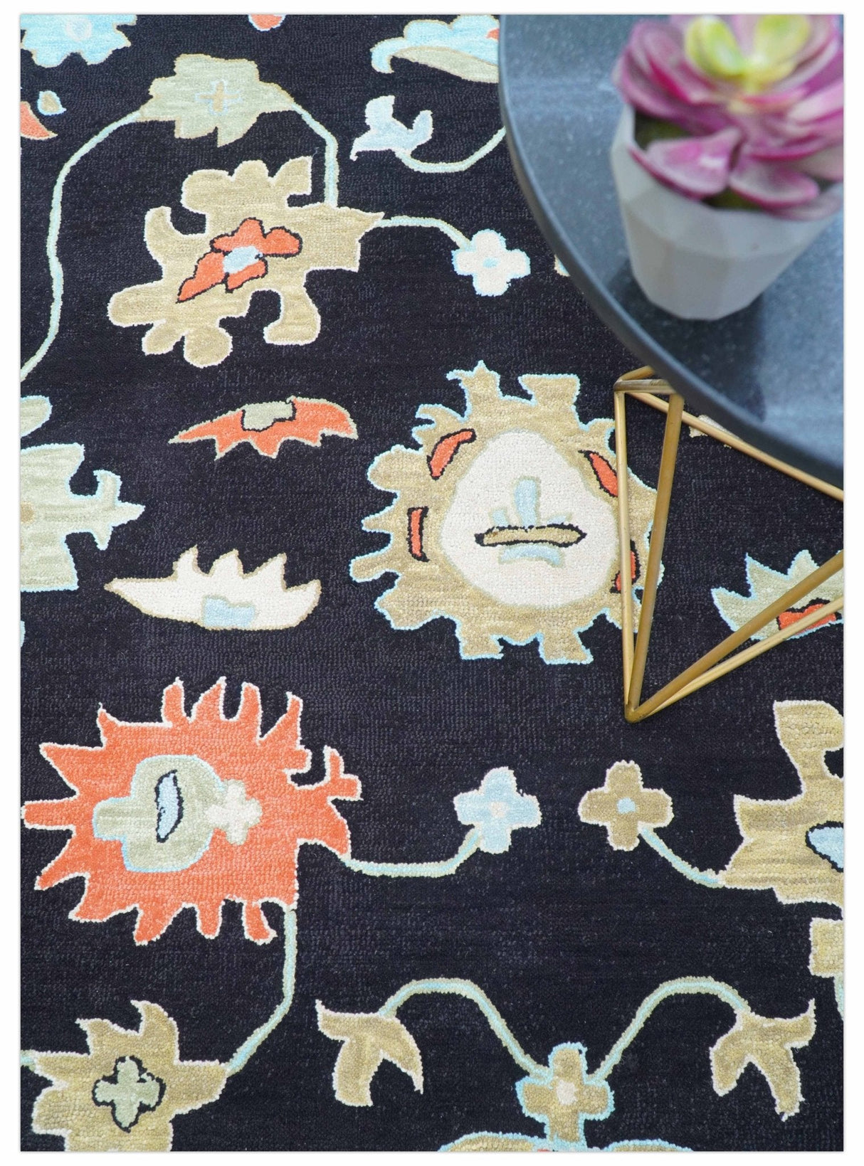 Azure Custom Made Traditional Oushak Black Hand Tufted Wool Rug