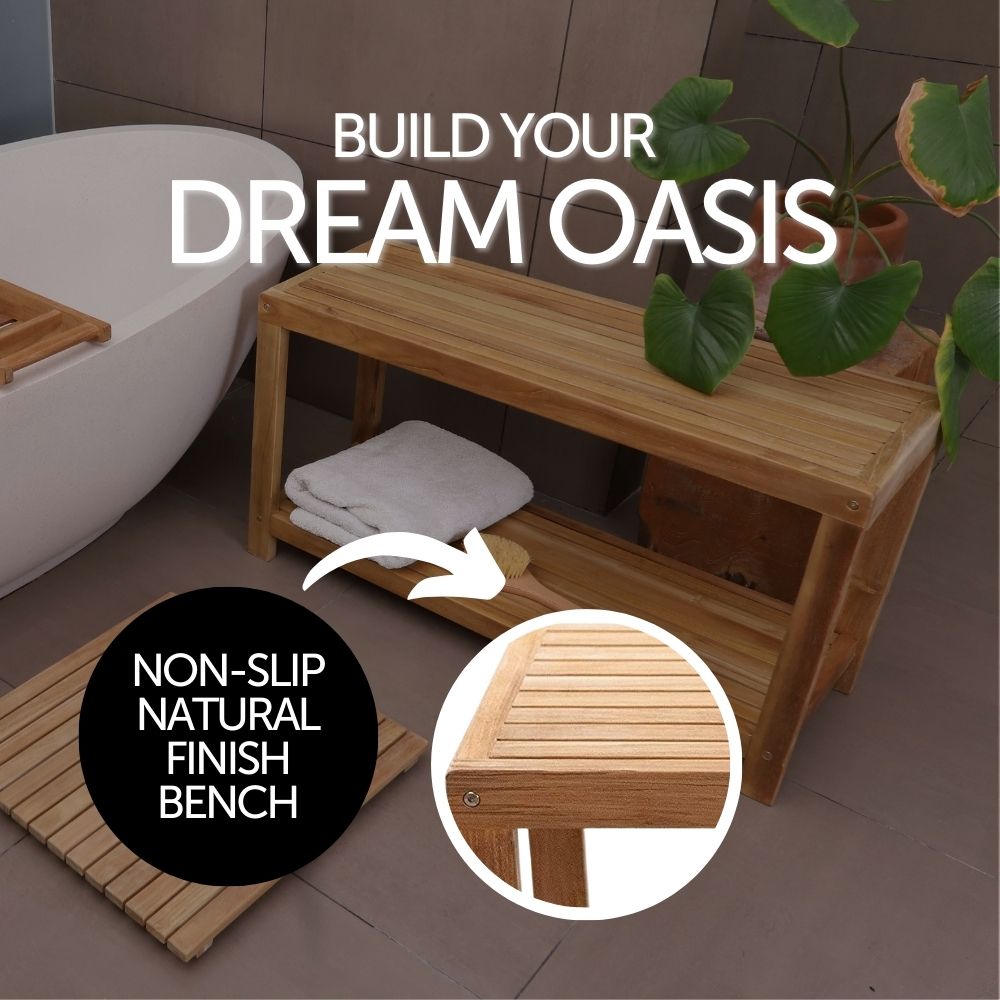 Bali Natural Teak Shower and Bath Spa Bench with Shelf-Bench-Parc Decor