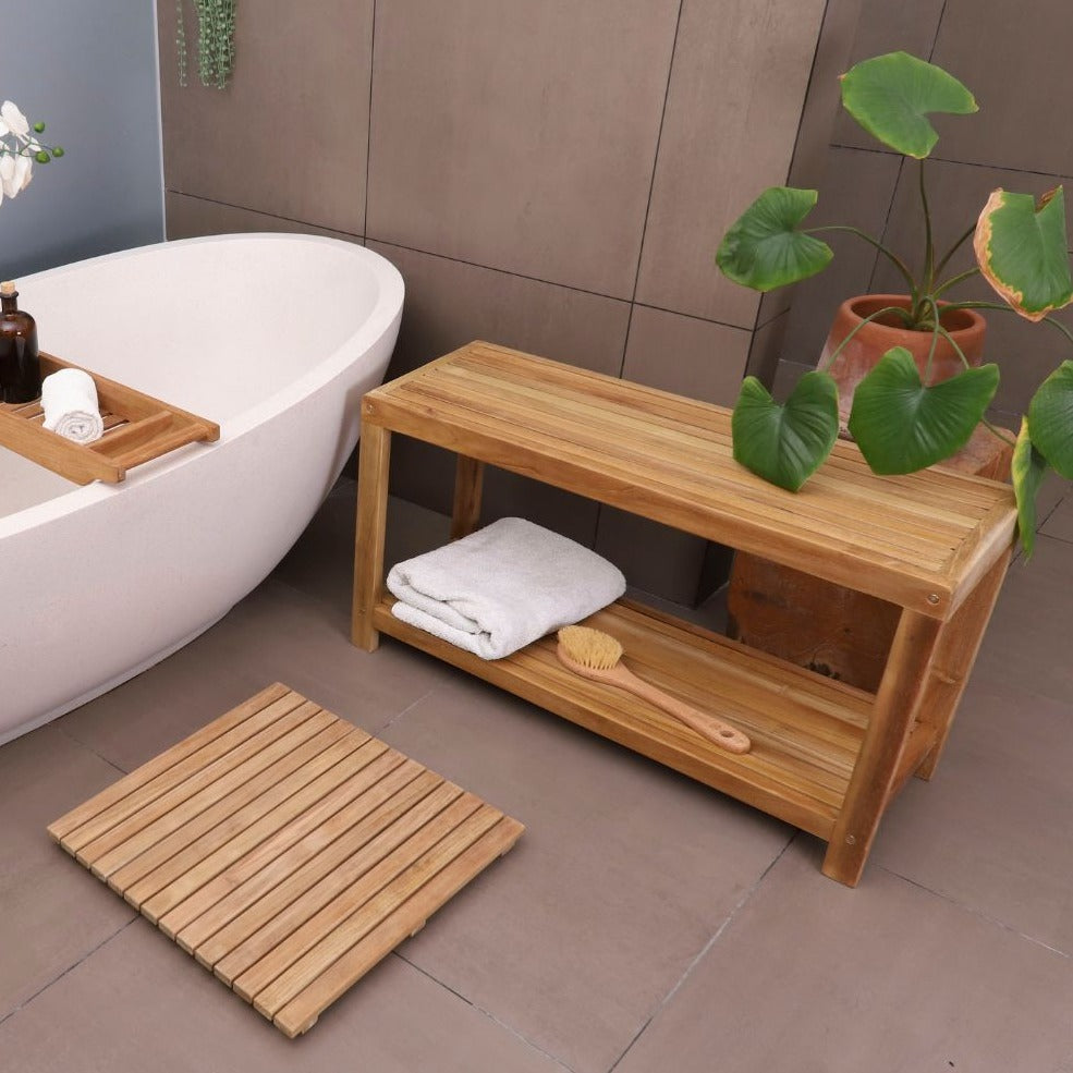 Bali Natural Teak Shower and Bath Spa Bench with Shelf-Bench-Parc Decor