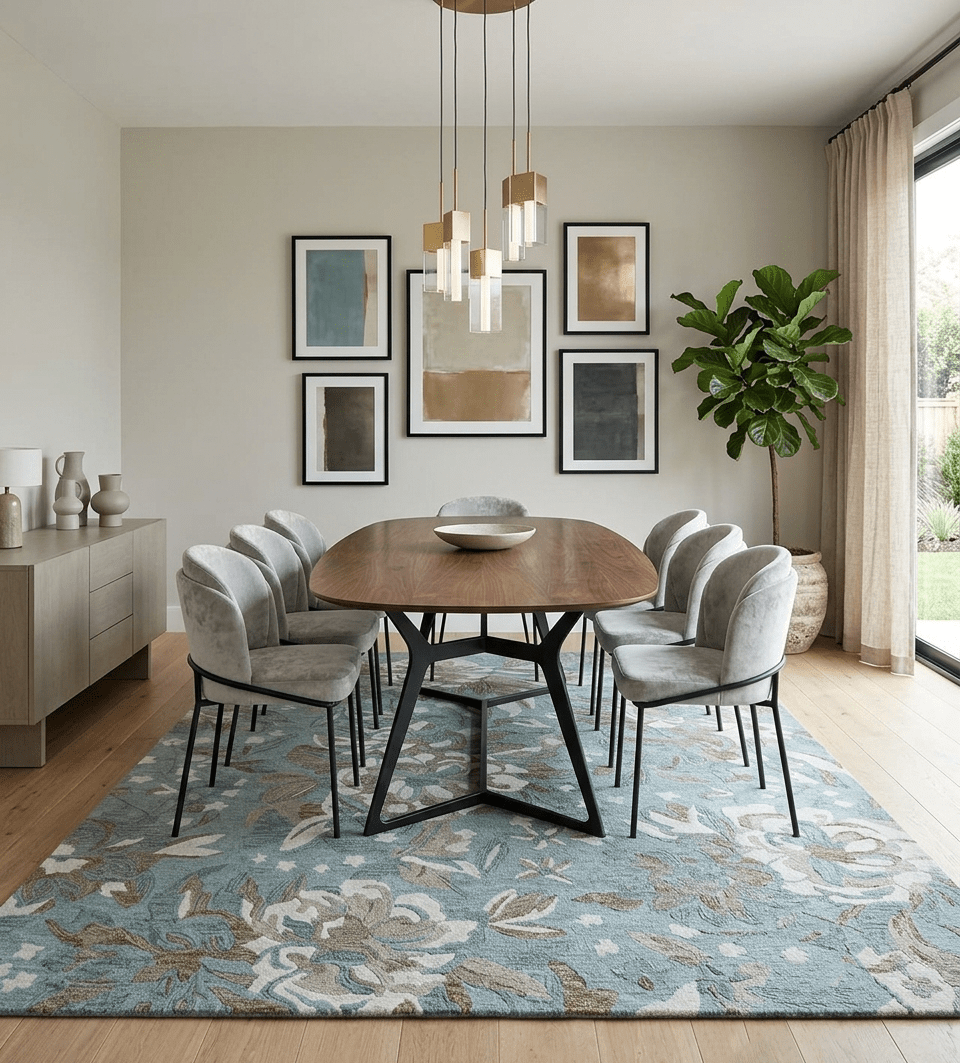 Beautiful Blue, Ivory and Olive Floral Design 8x10 Hand Tufted wool Rug