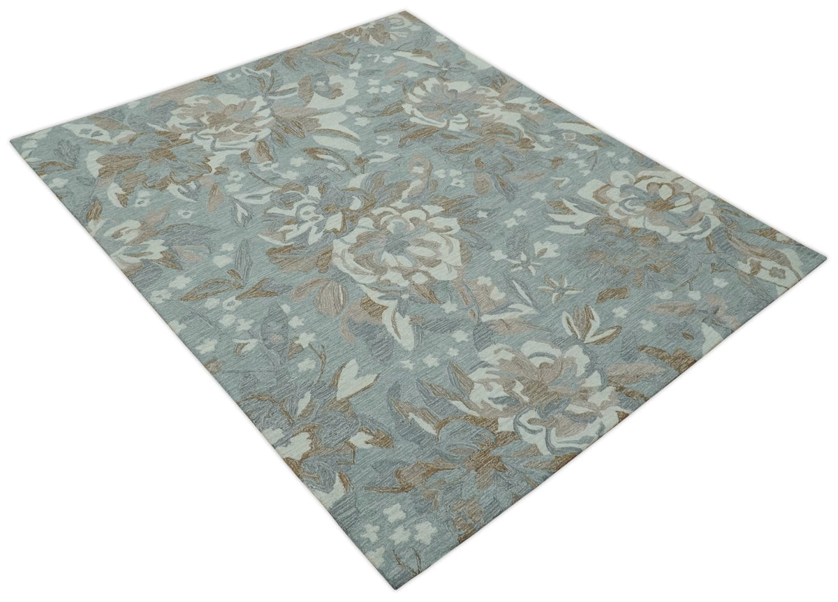Beautiful Blue, Ivory and Olive Floral Design 8x10 Hand Tufted wool Rug