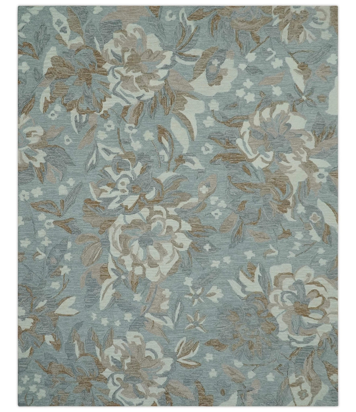Beautiful Blue, Ivory and Olive Floral Design 8x10 Hand Tufted wool Rug
