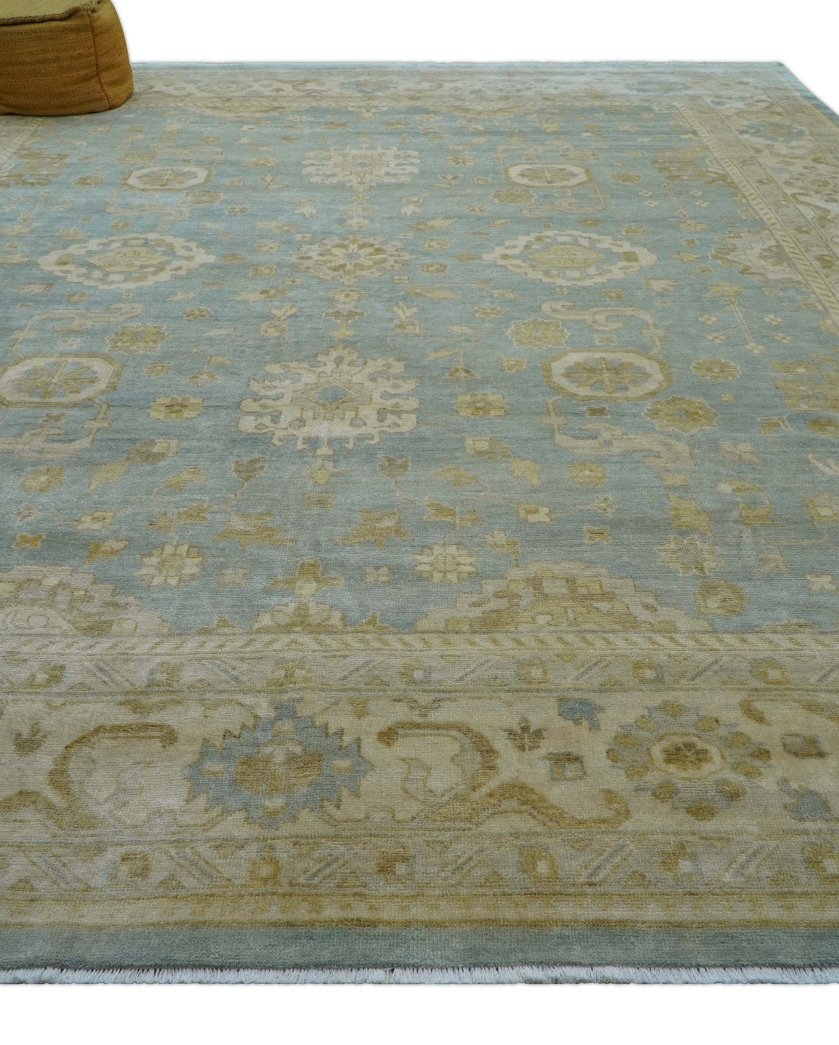 Beige And Blue Traditional Oushak Design 12x15 Hand Knotted Wool Rug
