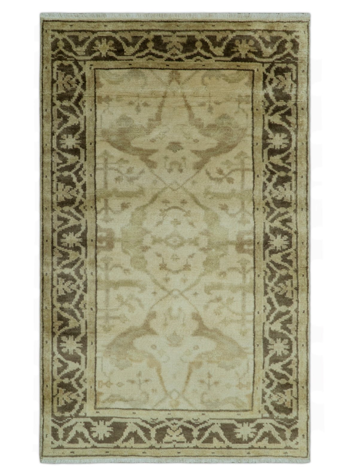 Beige And Brown Traditional Oushak Design Hand Knotted 3x5 Wool Area Rug