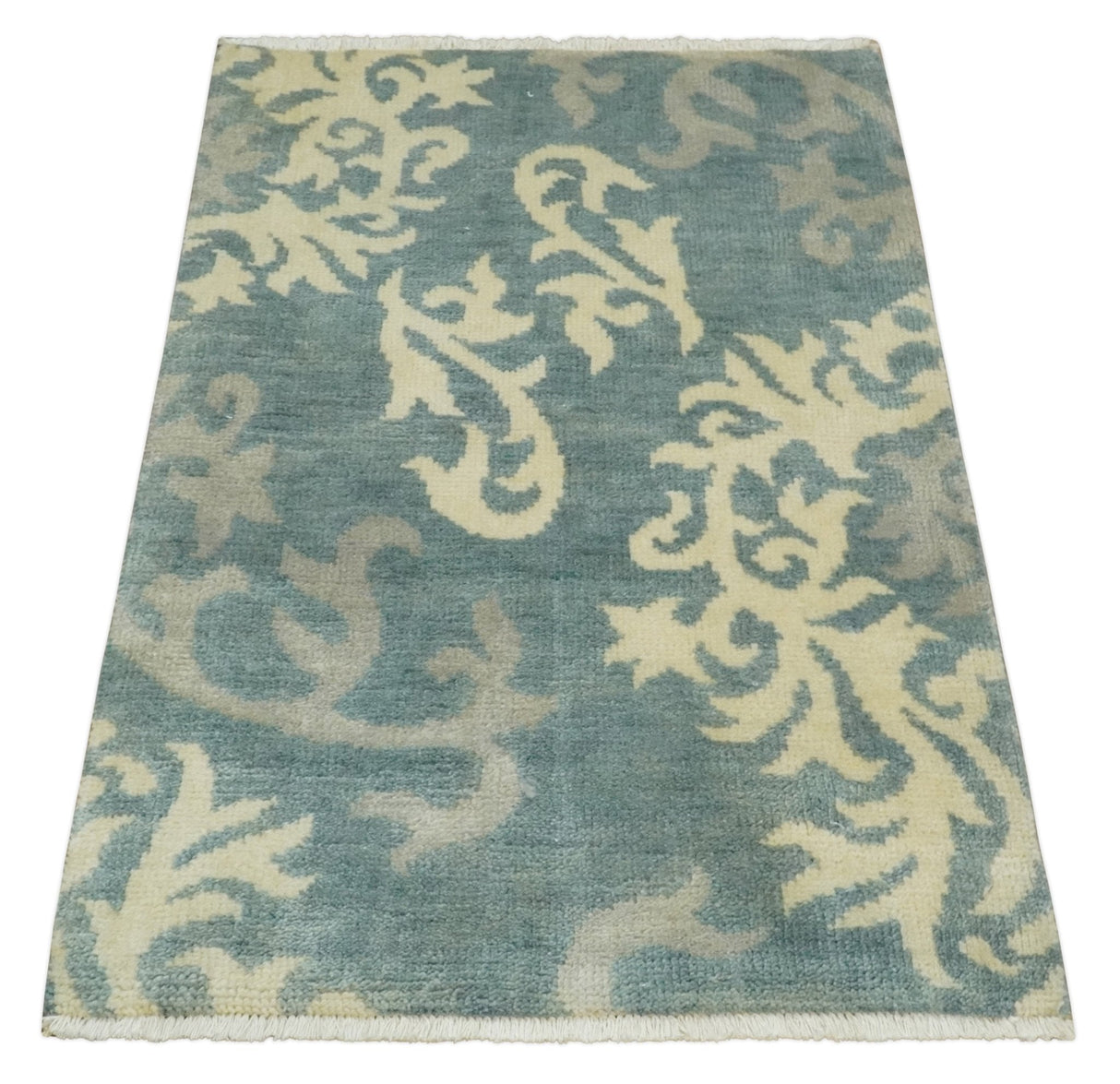 Beige and Gray 2x3 Hand Knotted Traditional Wool Rug