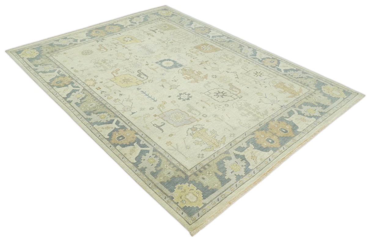 Beige and Gray Hand Knotted Traditional Persian Oushak Wool Rug