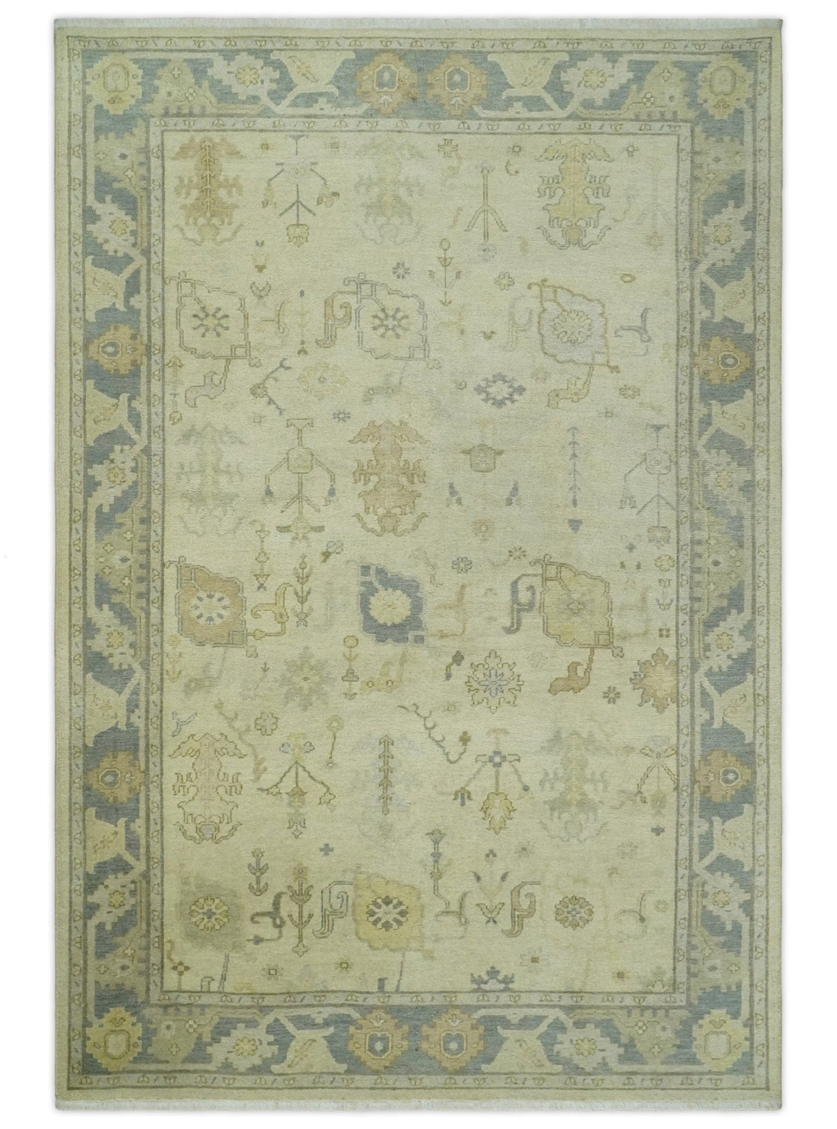 Beige and Gray Hand Knotted Traditional Persian Oushak Wool Rug