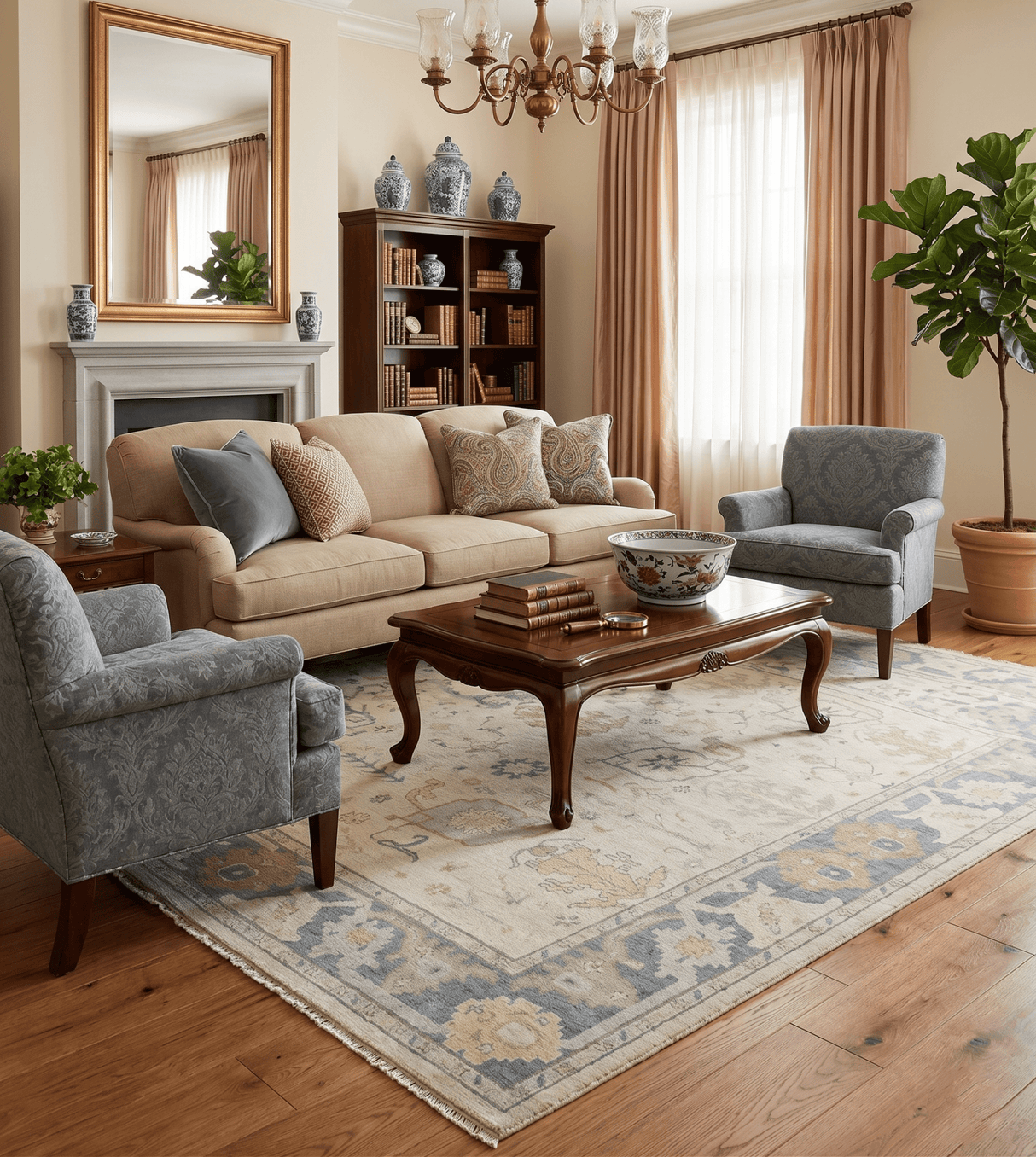 Beige and Gray Hand Knotted Traditional Persian Oushak Wool Rug