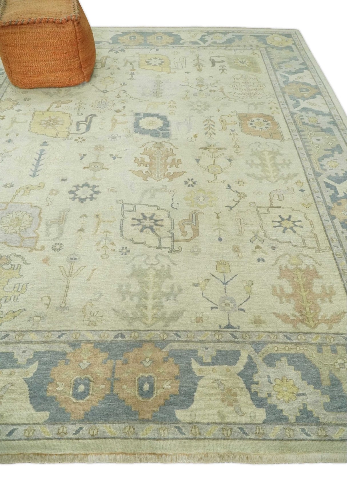 Beige and Gray Hand Knotted Traditional Persian Oushak Wool Rug
