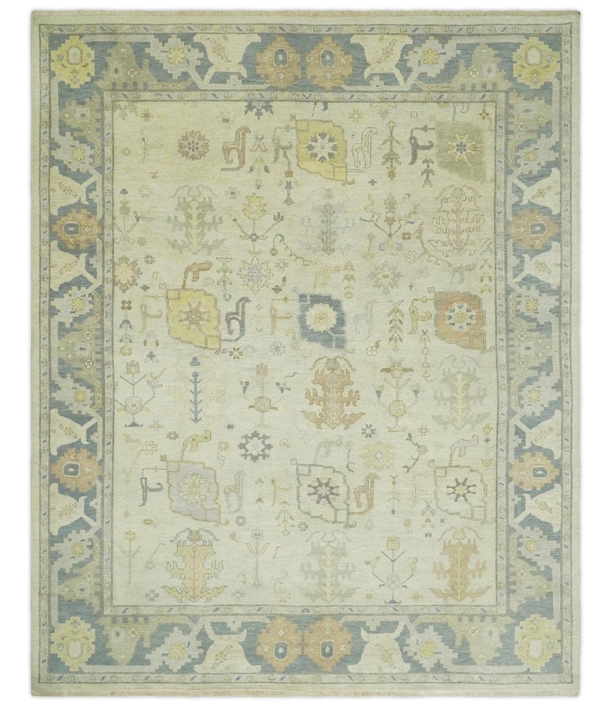 Beige and Gray Hand Knotted Traditional Persian Oushak Wool Rug
