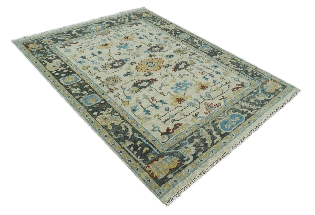 Beige and Gray Traditional Oriental Oushak Hand Knotted Wool Area Rug