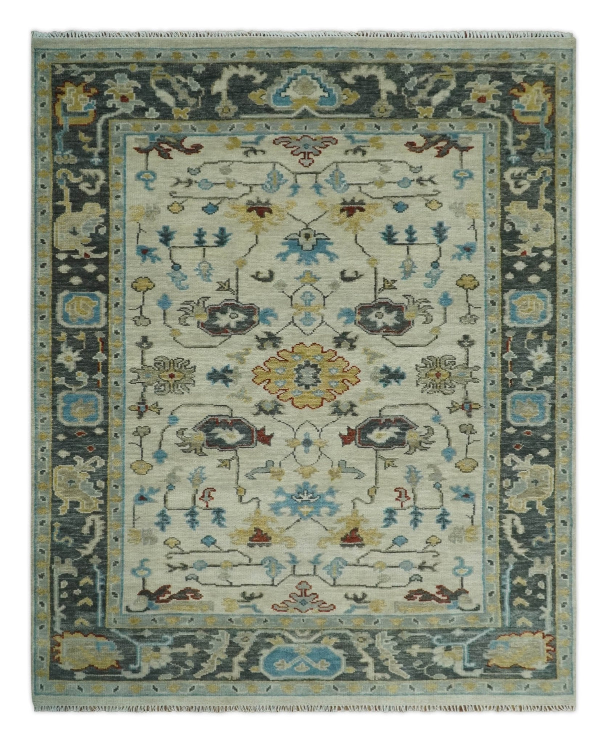 Beige and Gray Traditional Oriental Oushak Hand Knotted Wool Area Rug
