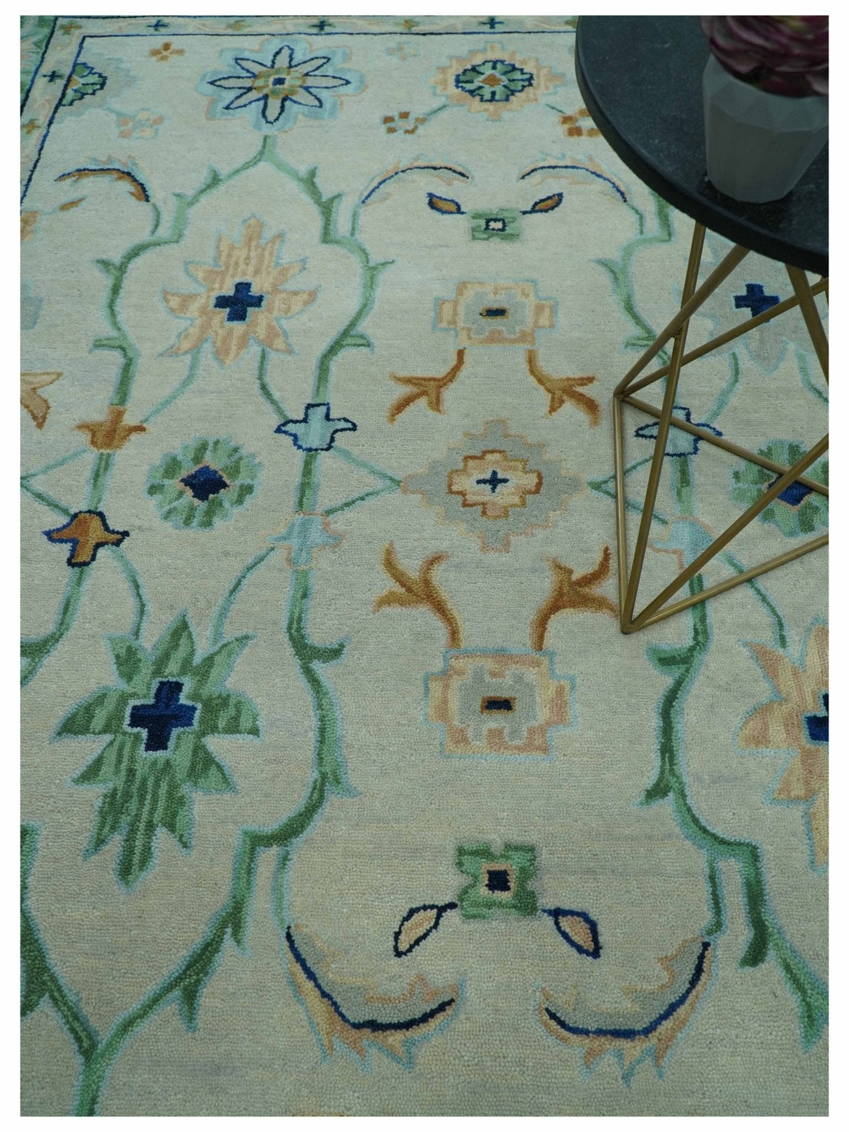 Beige and Green traditional Floral Oriental Oushak Hand Tufted Multi Size wool rug