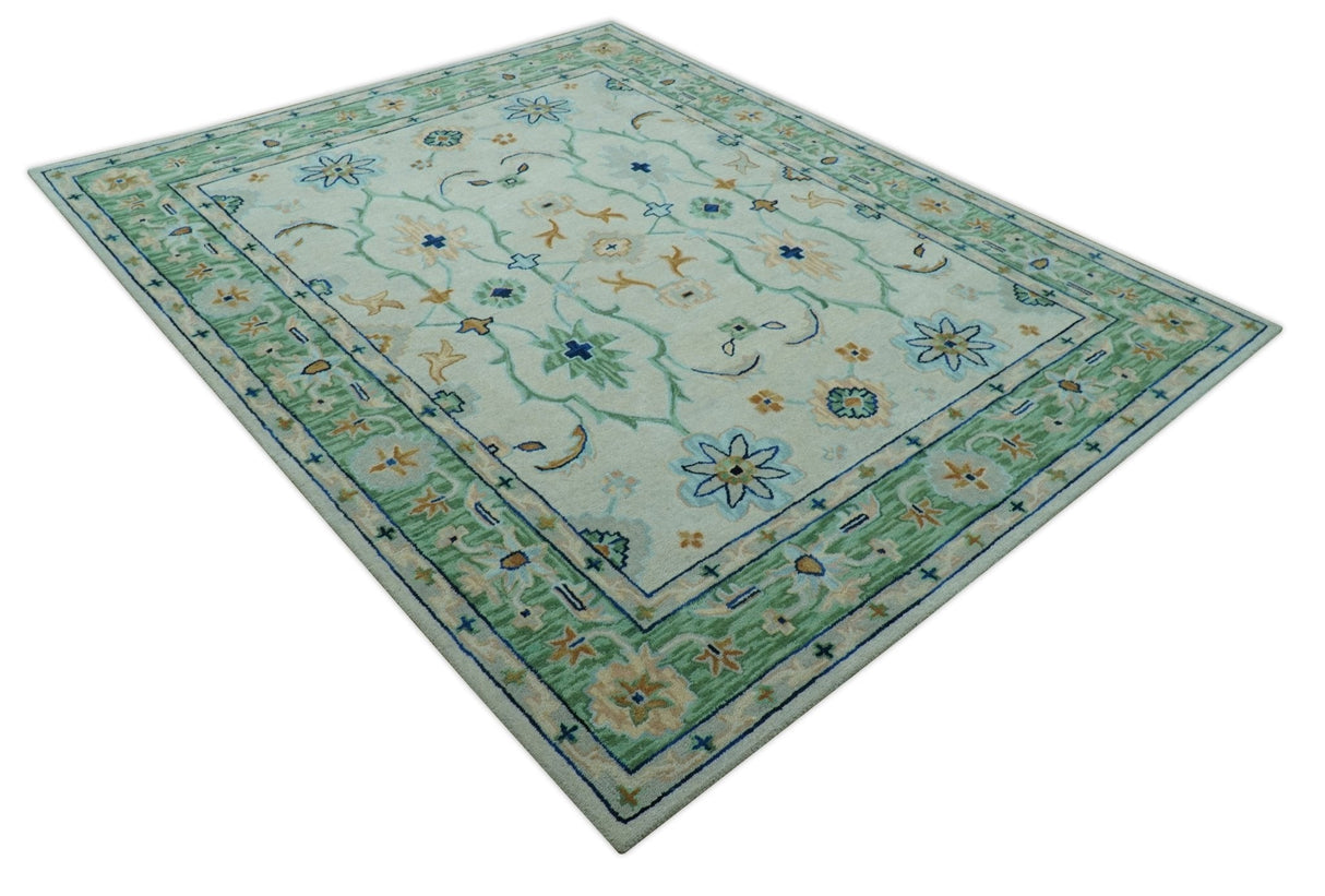 Beige and Green traditional Floral Oriental Oushak Hand Tufted Multi Size wool rug