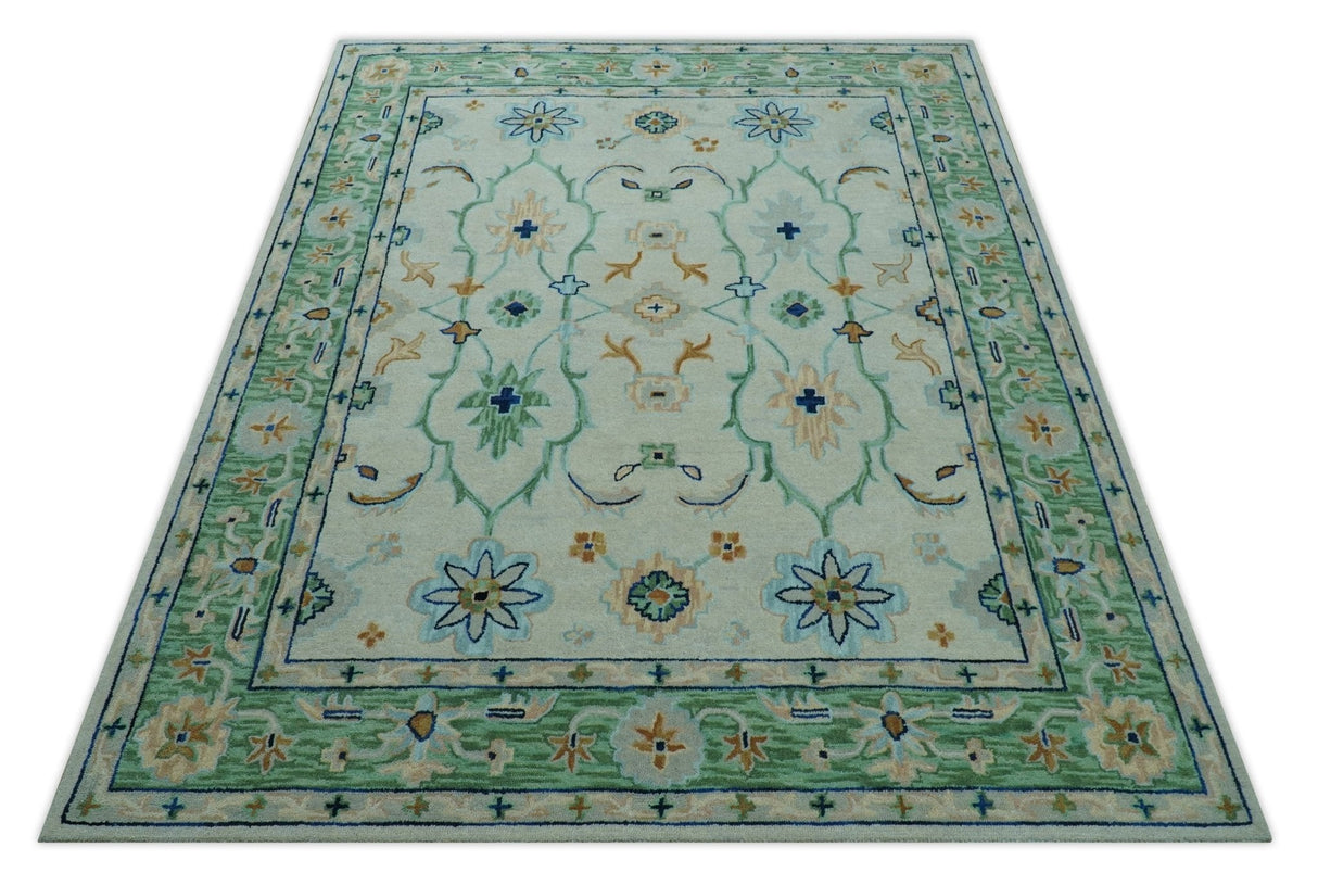 Beige and Green traditional Floral Oriental Oushak Hand Tufted Multi Size wool rug