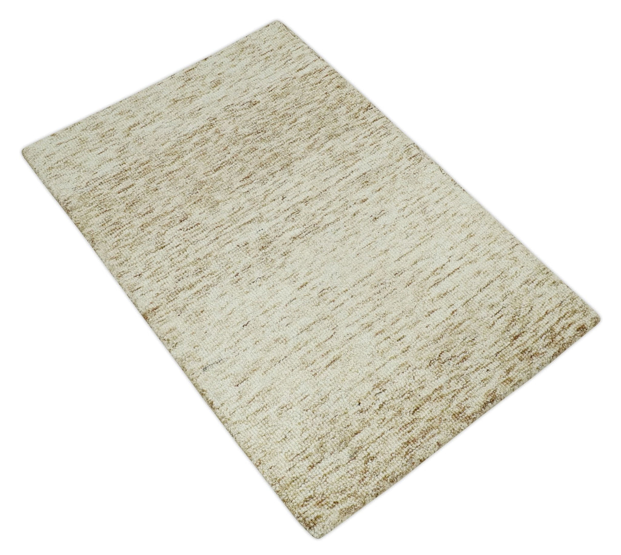 Beige and Ivory Modern Solid Hand Woven Wool Rug