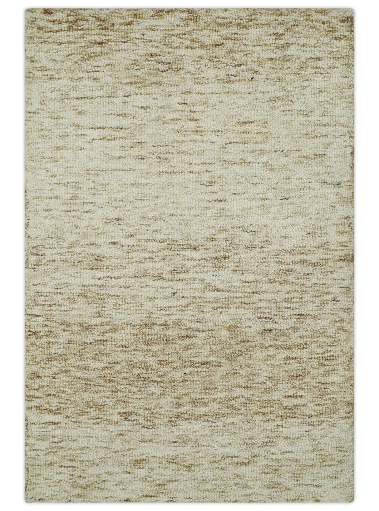 Beige and Ivory Modern Solid Hand Woven Wool Rug