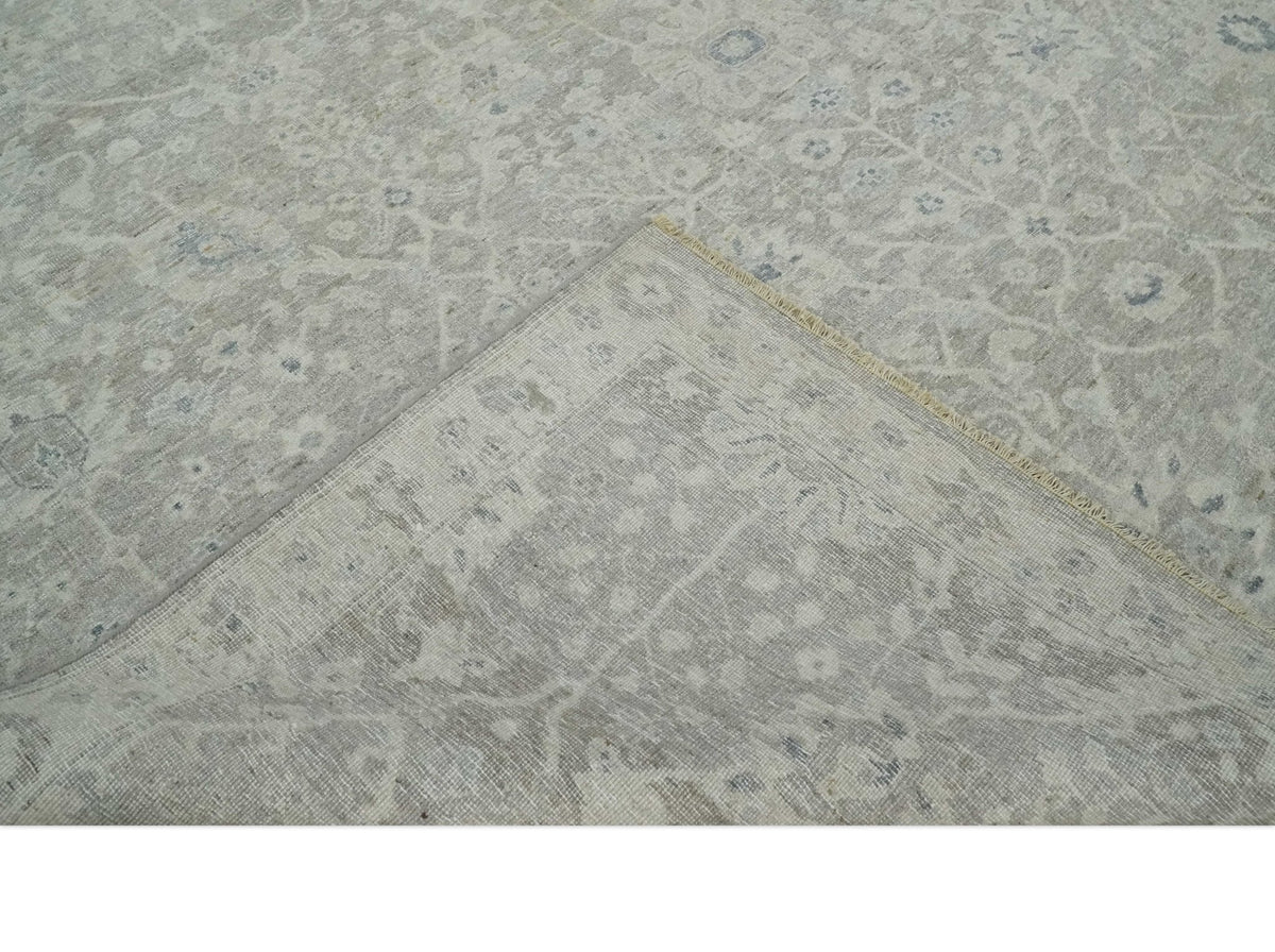 Beige and Silver Custom Made Antique Style Distressed Finished Low Pile wool Area Rug