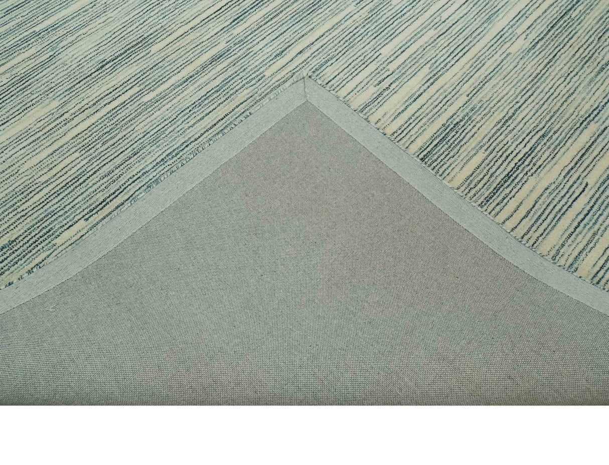 Beige and Teal 8x10 Modern stripes Design Hand Tufted wool area rug