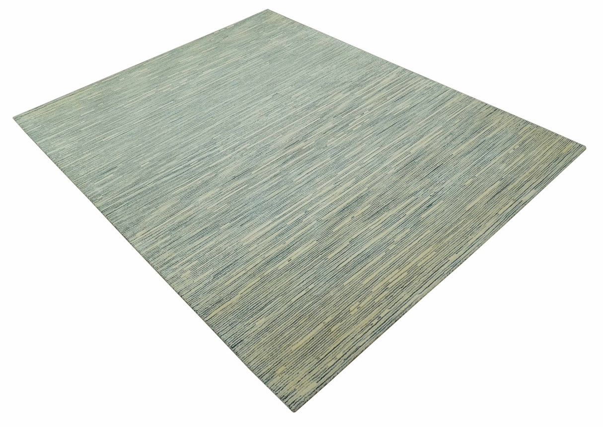 Beige and Teal 8x10 Modern stripes Design Hand Tufted wool area rug