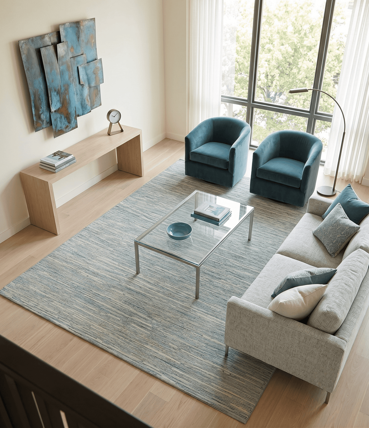 Beige and Teal 8x10 Modern stripes Design Hand Tufted wool area rug
