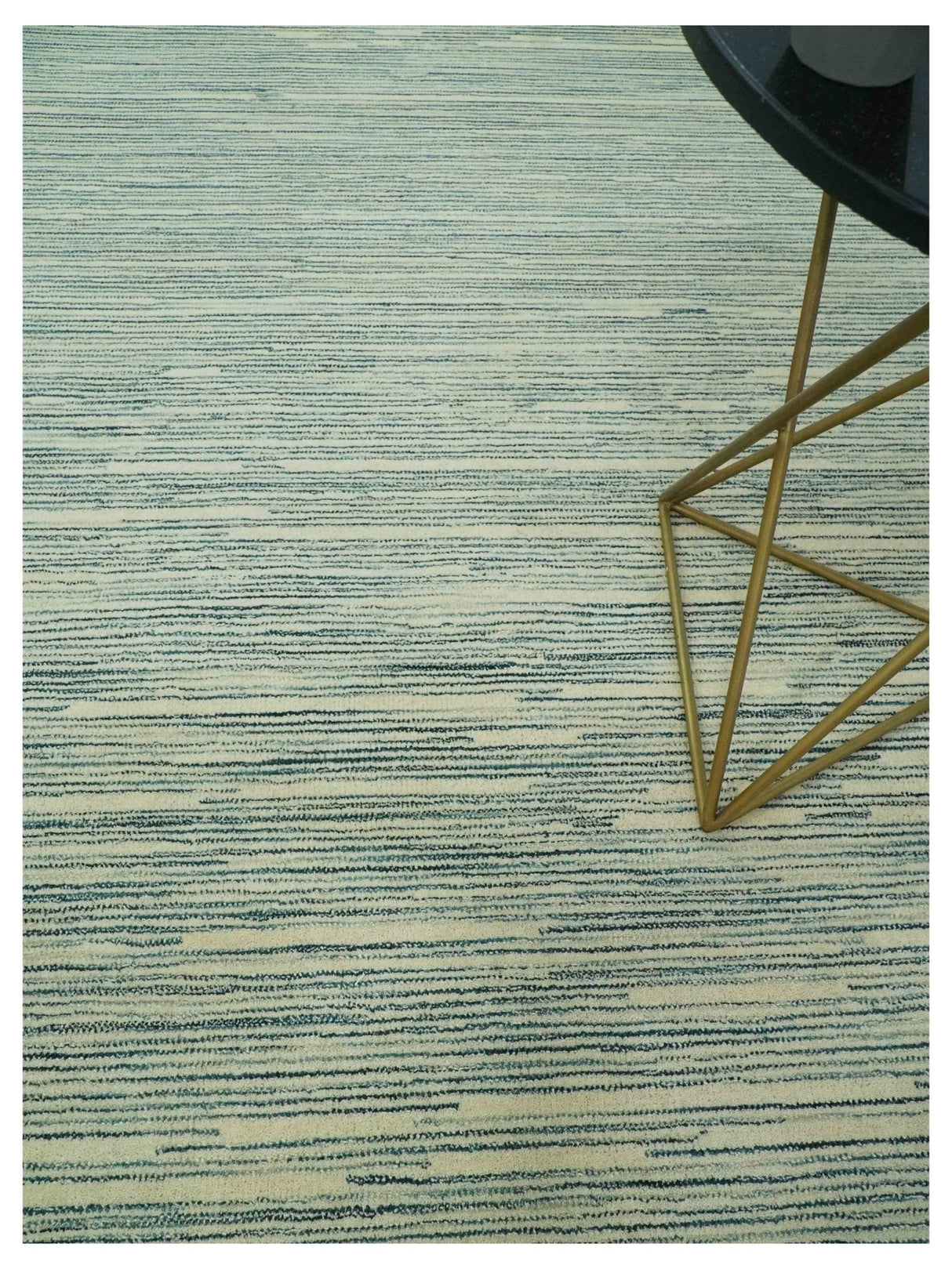 Beige and Teal 8x10 Modern stripes Design Hand Tufted wool area rug