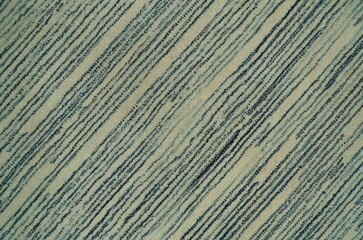 Beige and Teal 8x10 Modern stripes Design Hand Tufted wool area rug