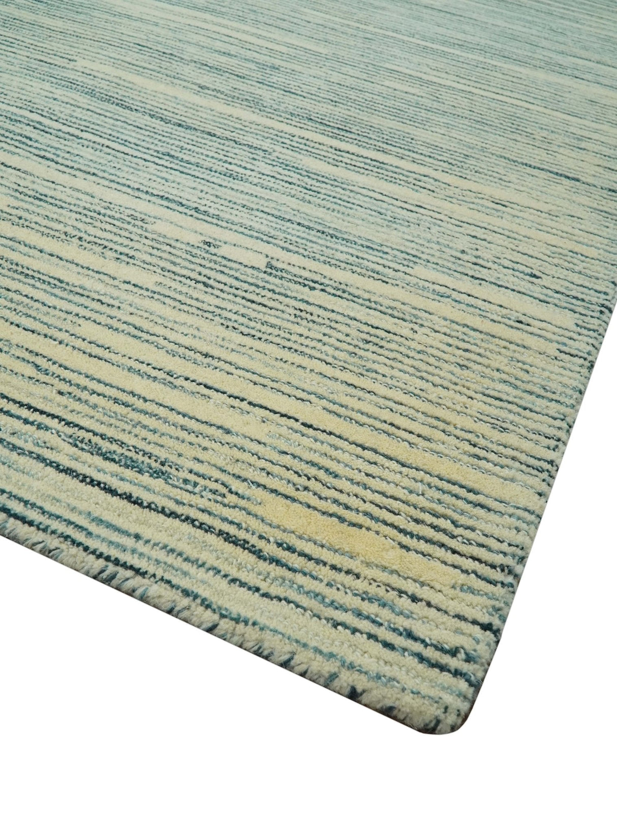 Beige and Teal 8x10 Modern stripes Design Hand Tufted wool area rug