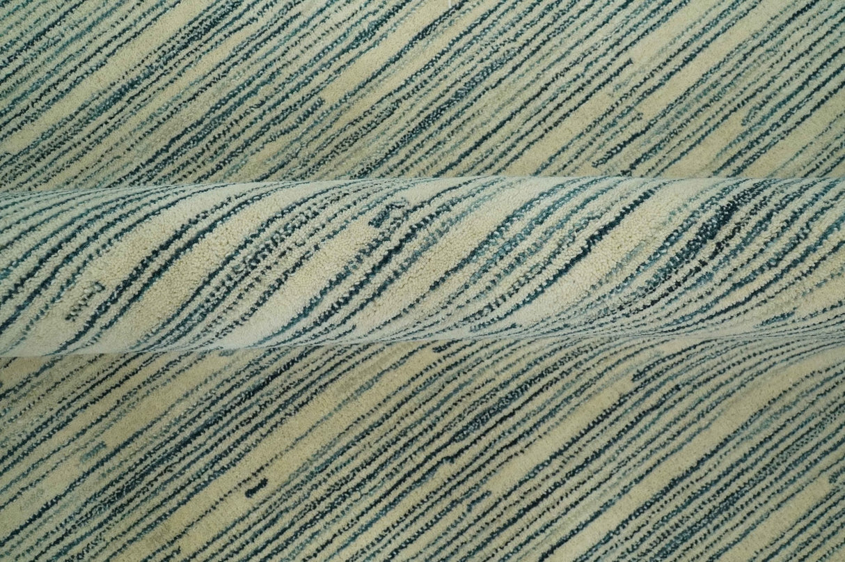 Beige and Teal 8x10 Modern stripes Design Hand Tufted wool area rug
