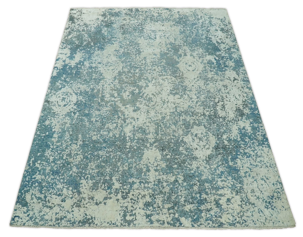 Beige and Teal Modern Abstract Wool Hand Knotted 8x10 Area Rug