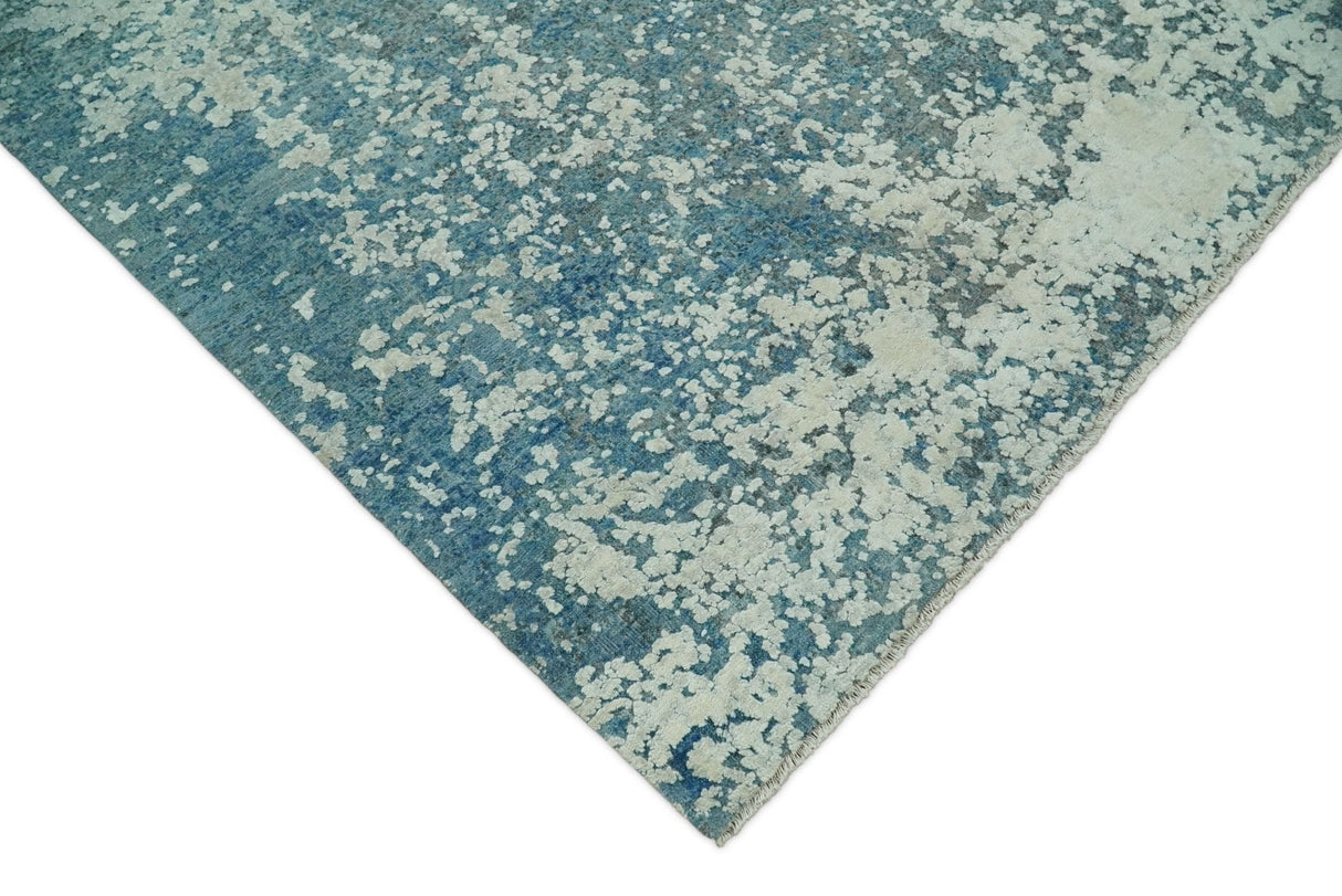 Beige and Teal Modern Abstract Wool Hand Knotted 8x10 Area Rug