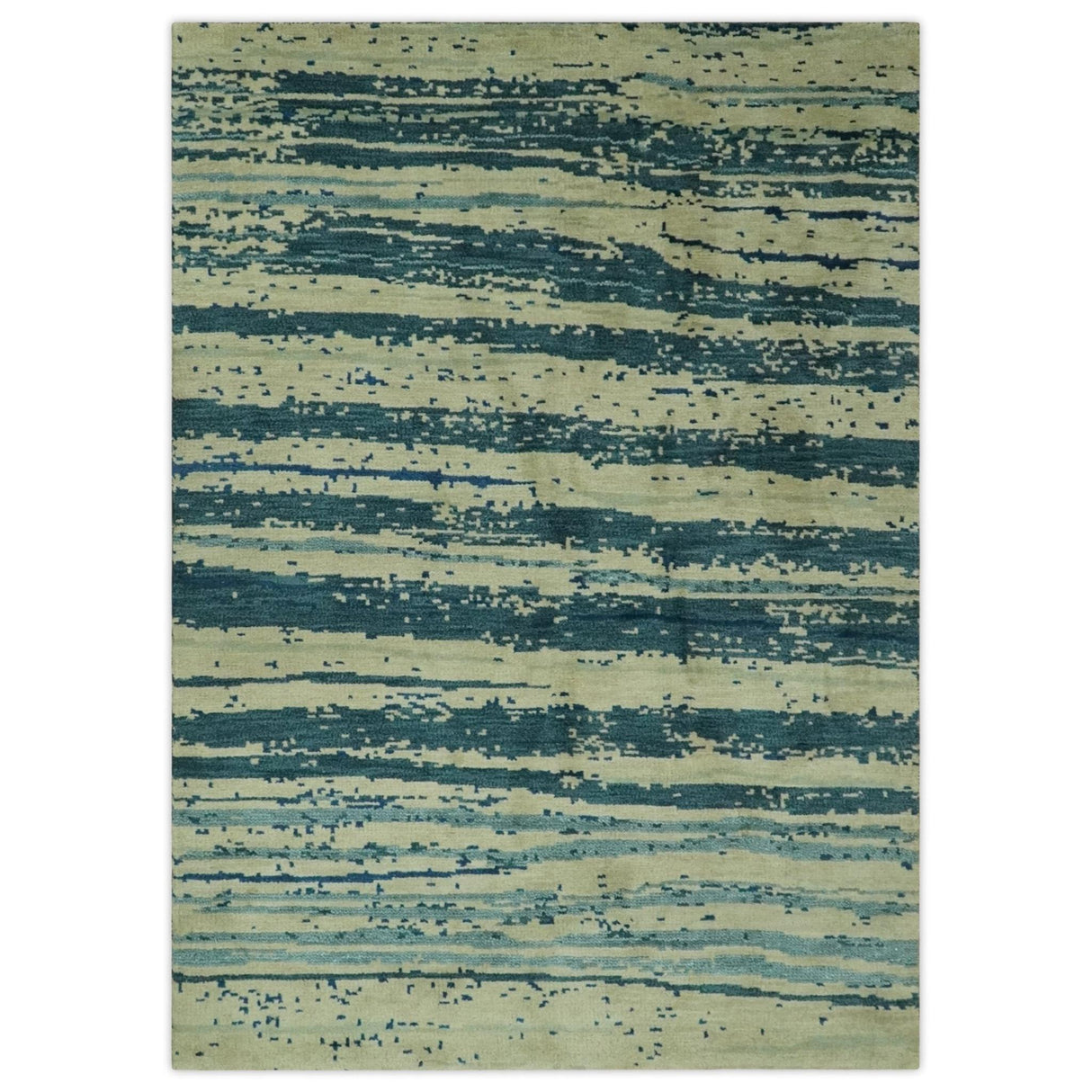 Beige and Teal Modern stripes Design Hand Knotted 5x7 wool Area Rug