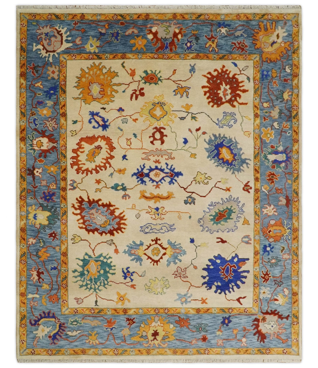 Beige, Blue and Brown Traditional Oushak Hand Knotted Custom made Wool Area Rug