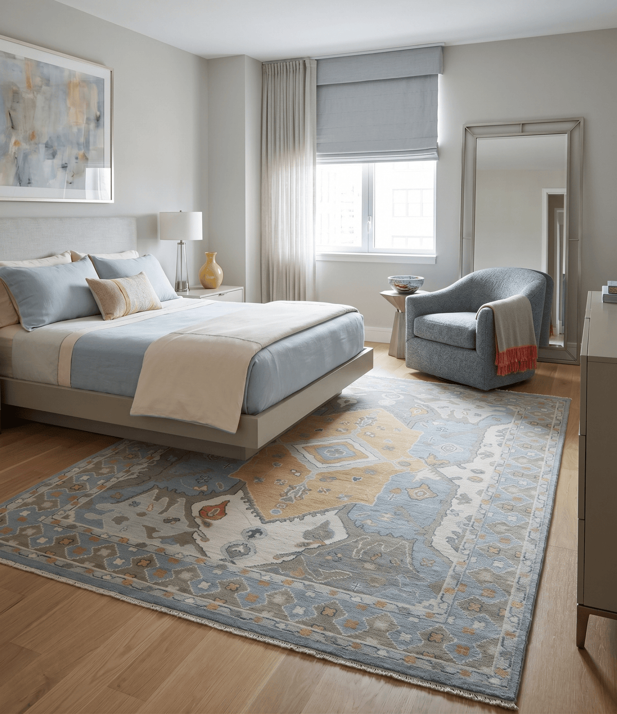 Beige, Blue and Ivory Hand Knotted Traditional Wool Area Rug