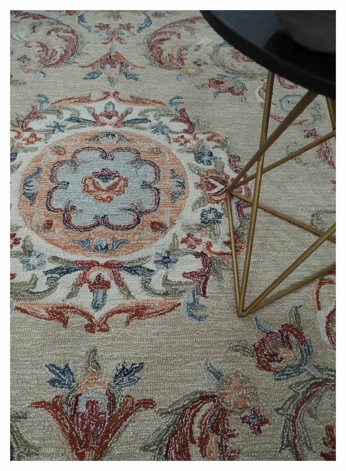 Beige, Brown and Blue Hand Tufted floral Aubusson design 8x10 wool Area Rug