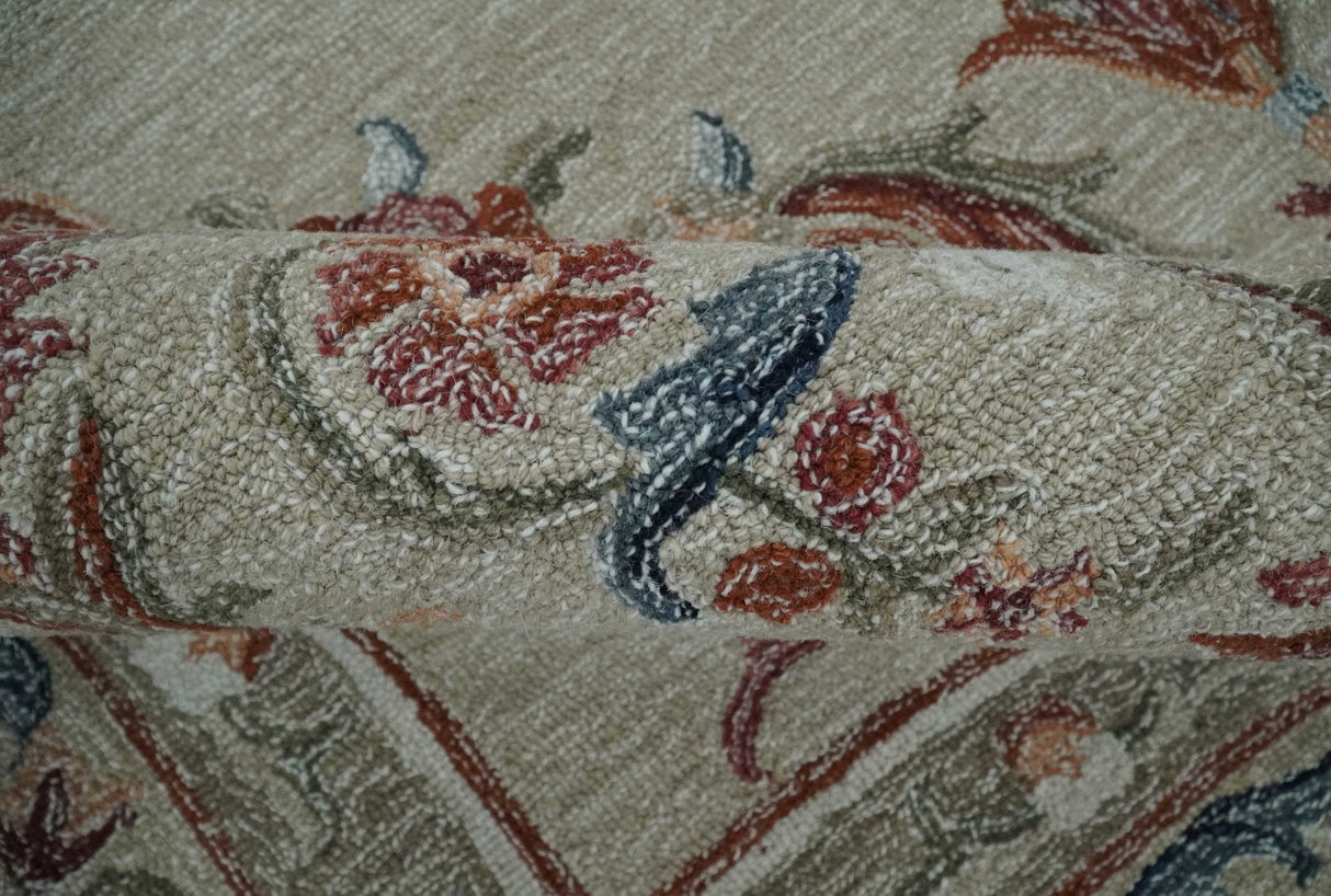 Beige, Brown and Blue Hand Tufted floral Aubusson design 8x10 wool Area Rug